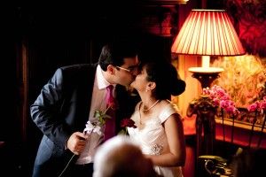 bride and groom kiss at prestonfiled house in edinburgh