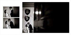 Bride and groom kiss in black and white