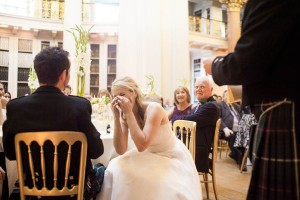 bride laughing during speeches at signet library edinburgh