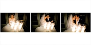A cheerful bride at a lighted table