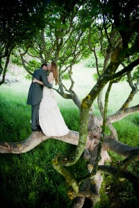 Bride and groom in old tree