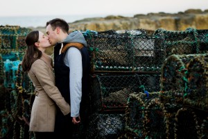 engagement photography st andrews beach harbour crab crates