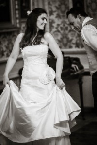bride and groom dance at wedding at drummuir castle black and white