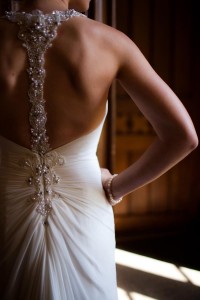 bride in sparkly jewelled wedding dress from behind
