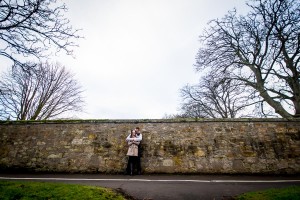 engagement photography stone wall and trees in st andrews